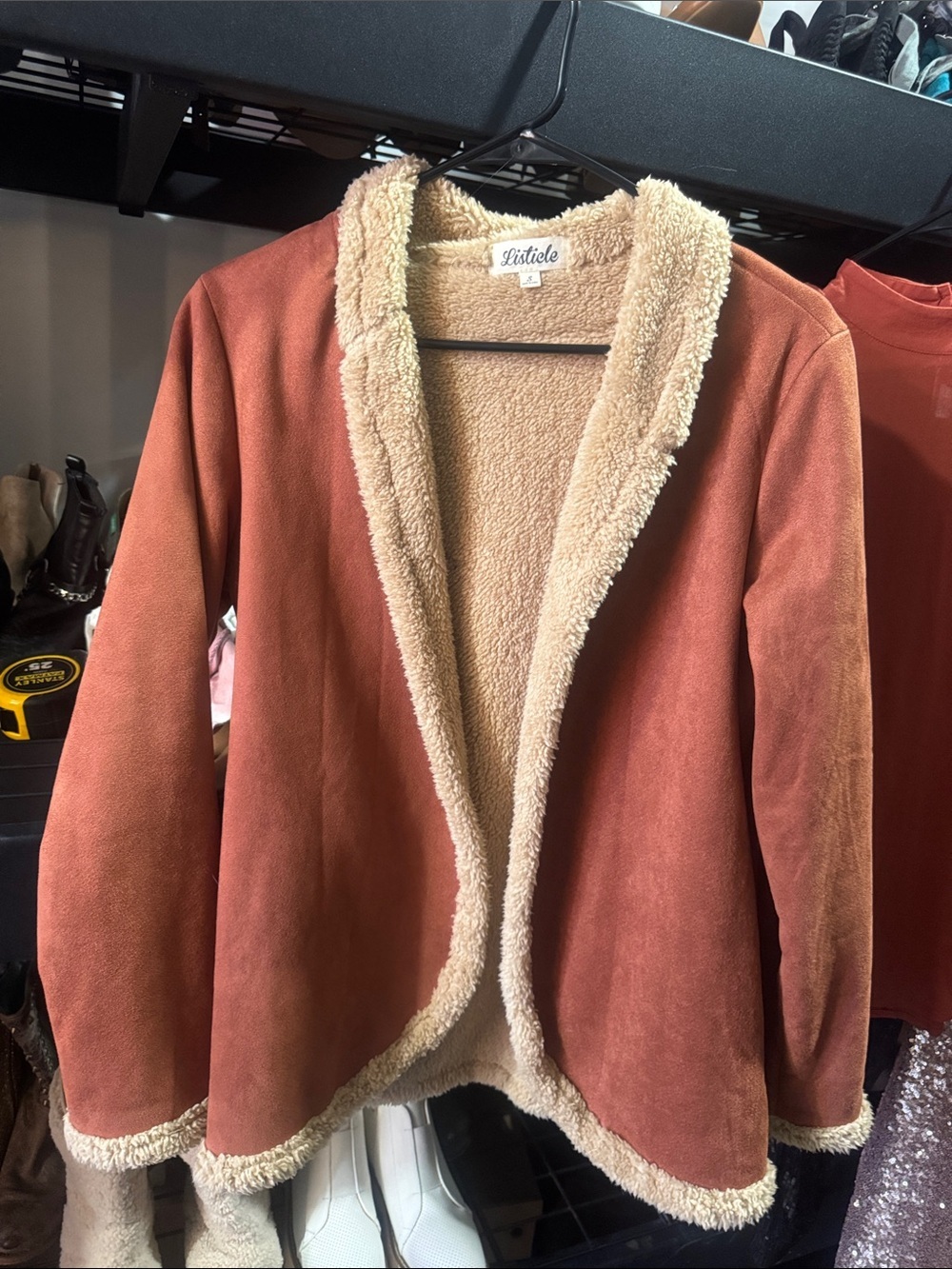 Listicle Women's Rust Sherpa Trim Open-Front Teddy Jacket